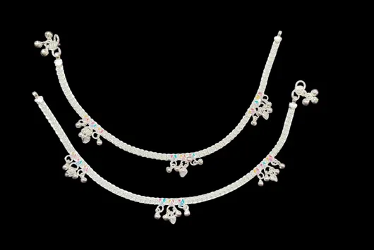 Jewar Mandi Anklet Silver Plated Ad Cz Multi-Color Stones Traditional